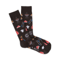 A pair of black crew socks with a fun BBQ design: grills, steaks, chef hats, and grilling tools.