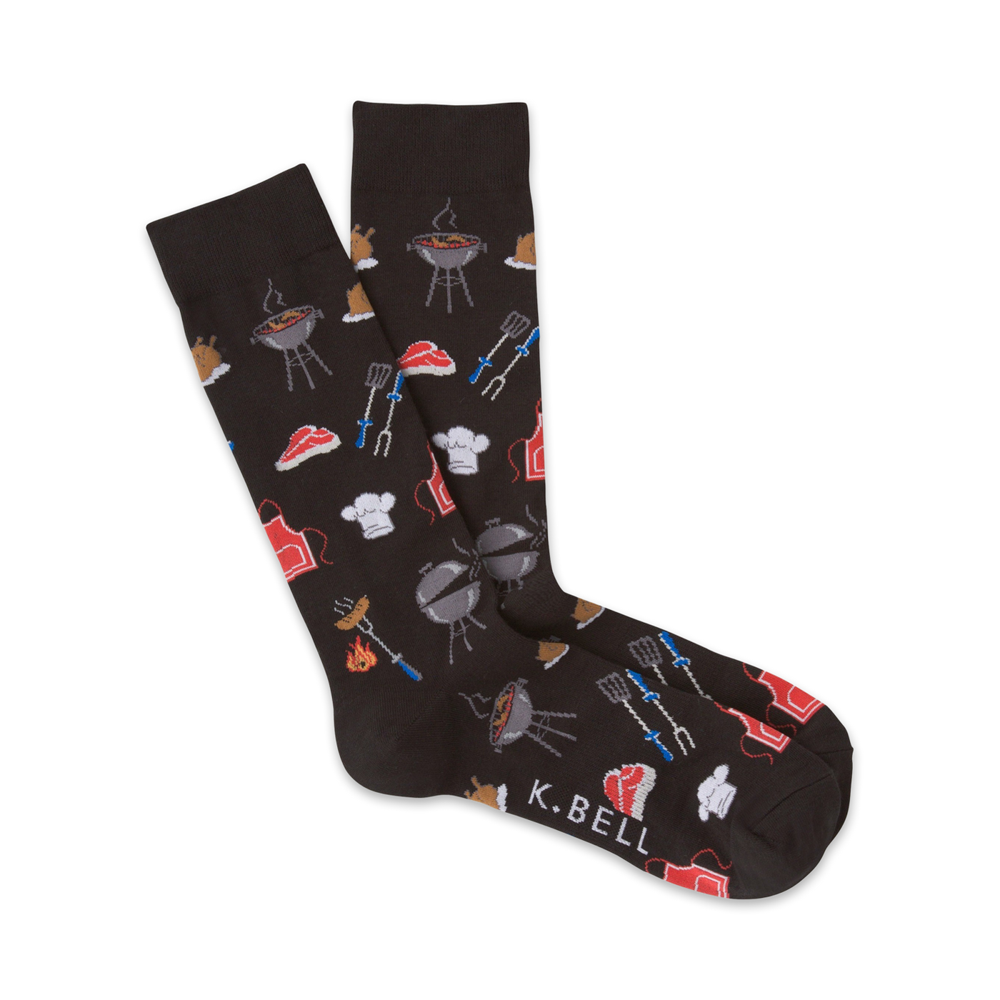 A pair of black crew socks with a fun BBQ design: grills, steaks, chef hats, and grilling tools.