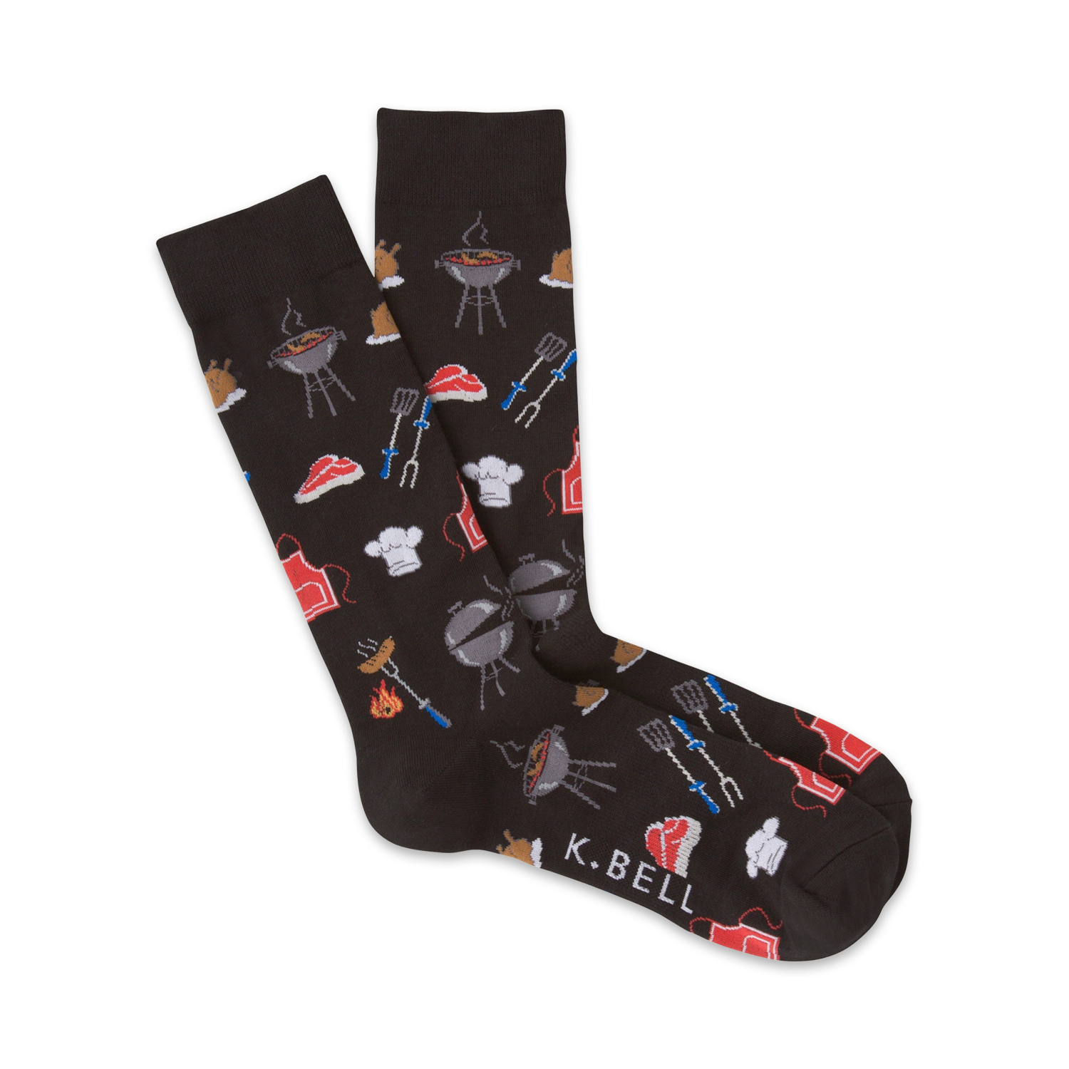 A pair of black crew socks with a fun BBQ design: grills, steaks, chef hats, and grilling tools.