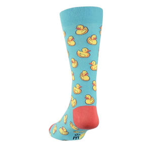A pair of blue socks with a pattern of yellow rubber ducks. The socks have red toes and heels.