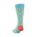Back view of a light blue crew sock with yellow rubber duck pattern. Coral-colored heel and toe visible.