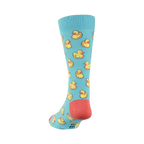 Back view of a light blue crew sock with yellow rubber duck pattern. Coral-colored heel and toe visible.