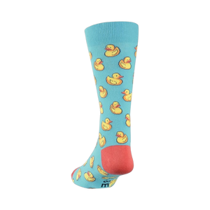 Back view of a light blue crew sock with yellow rubber duck pattern. Coral-colored heel and toe visible.