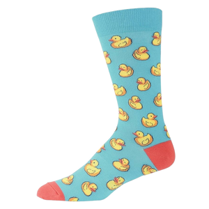 A pair of blue socks with a pattern of yellow rubber ducks. The socks have red toes and heels.