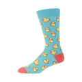 Side view of a light blue crew sock with yellow rubber duck pattern. Coral-colored heel and toe visible.