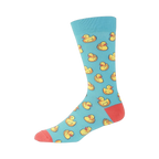 Side view of a light blue crew sock with yellow rubber duck pattern. Coral-colored heel and toe visible.