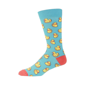 Side view of a light blue crew sock with yellow rubber duck pattern. Coral-colored heel and toe visible.