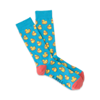Pair of light blue crew socks with a repeating pattern of yellow rubber ducks.  Coral-colored heel and toe.