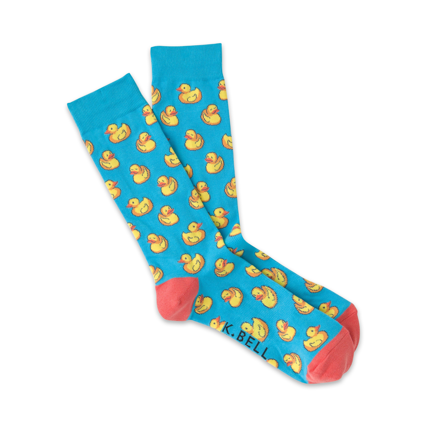 Pair of light blue crew socks with a repeating pattern of yellow rubber ducks.  Coral-colored heel and toe.