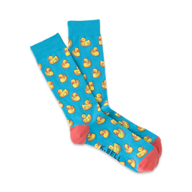 crew length blue socks with yellow rubber duck pattern, red heel and toe.  