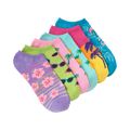 Six low-cut socks with tropical patterns: hibiscus, palm trees, pineapples, flamingos, and retro sunglasses. Bright colors including purple, pink, yellow, and turquoise.