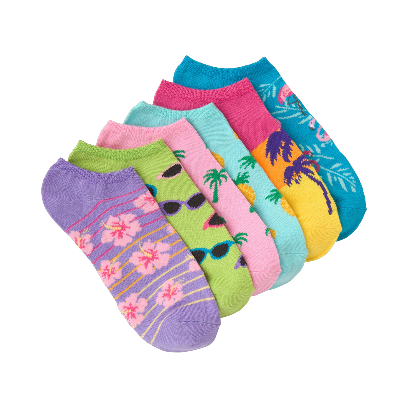 Six low-cut socks with tropical patterns: hibiscus, palm trees, pineapples, flamingos, and retro sunglasses. Bright colors including purple, pink, yellow, and turquoise.