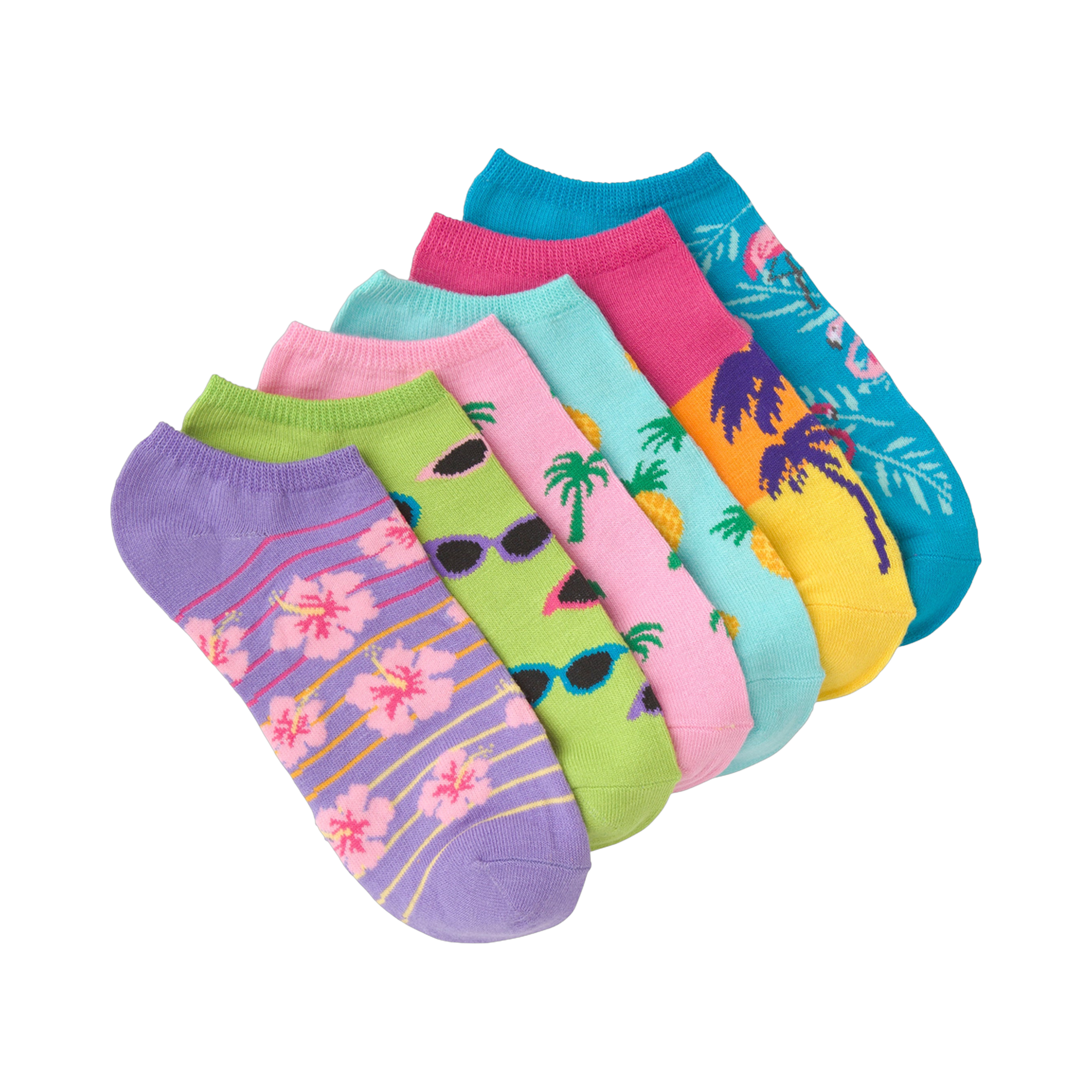 Six low-cut socks with tropical patterns: hibiscus, palm trees, pineapples, flamingos, and retro sunglasses. Bright colors including purple, pink, yellow, and turquoise.