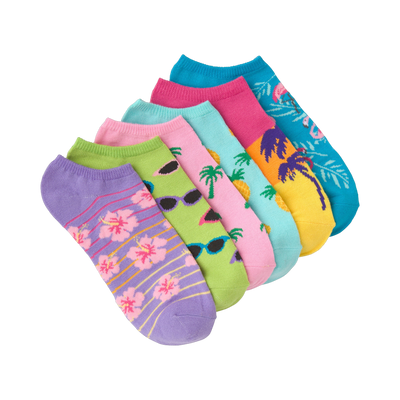 Six low-cut socks with tropical patterns: hibiscus, palm trees, pineapples, flamingos, and retro sunglasses. Bright colors including purple, pink, yellow, and turquoise.