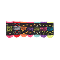 Seven pairs of ankle socks. Each black sock has a different day-of-the-week design with bright accents. Designs include watermelon, hearts, tacos, camels, and cocktails.