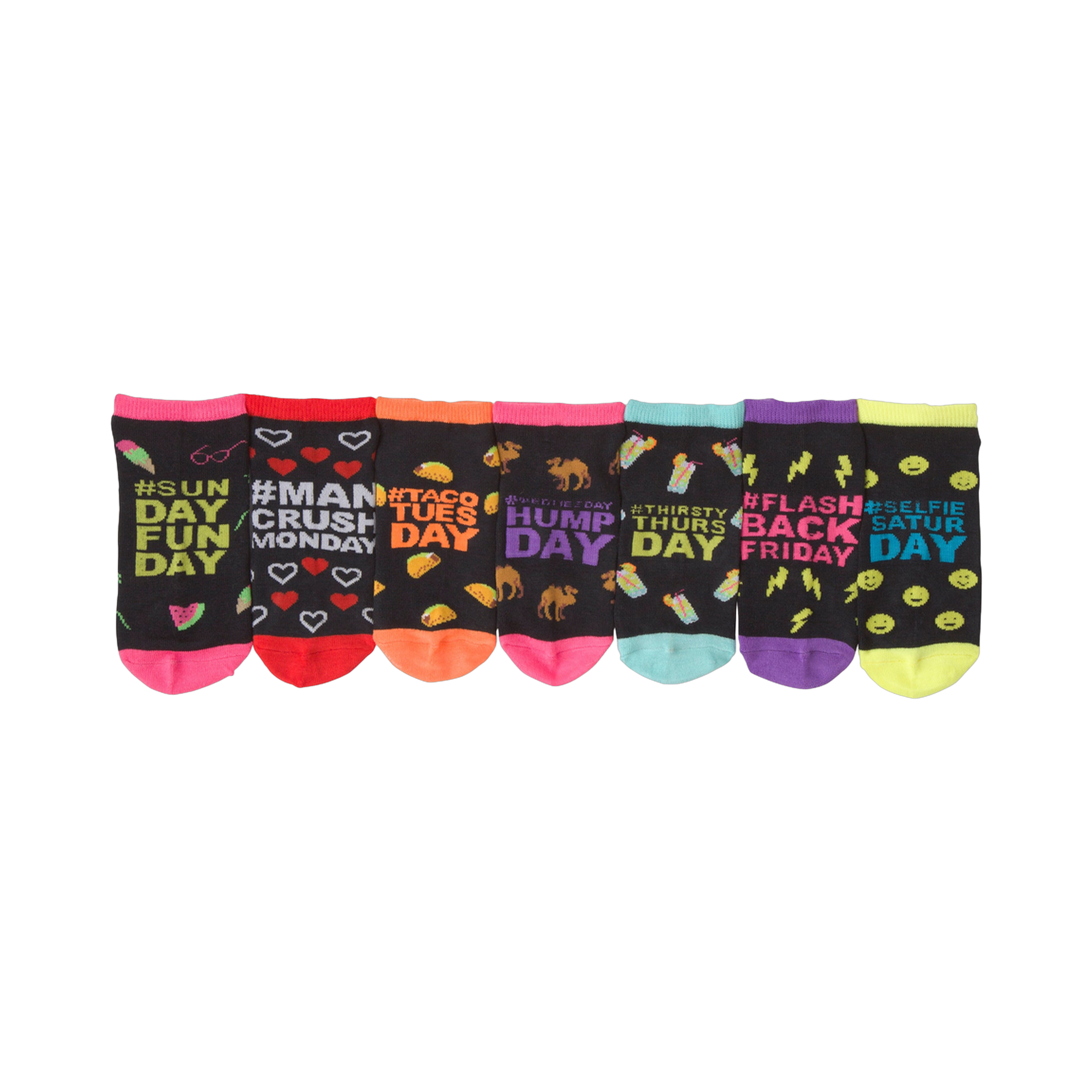Seven pairs of ankle socks. Each black sock has a different day-of-the-week design with bright accents. Designs include watermelon, hearts, tacos, camels, and cocktails.