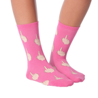 Pair of dark brown 'Middle Finger' socks shown on a black background.