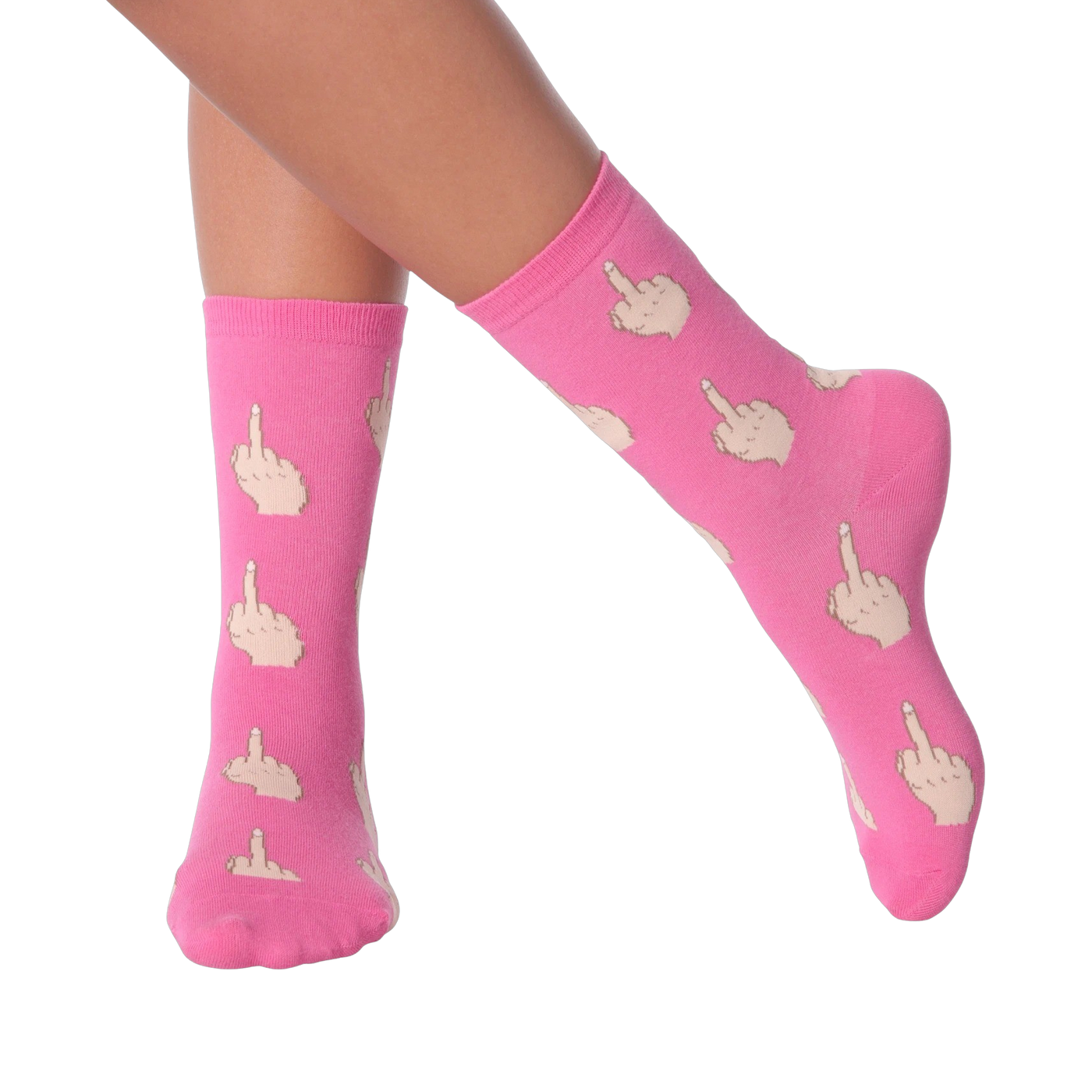 Lifestyle shot showcasing a person wearing 'Middle Finger' socks.