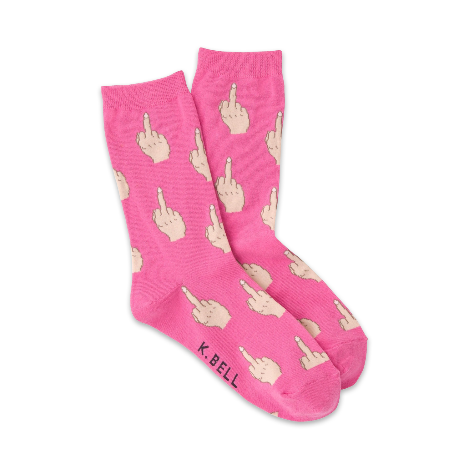 Close-up of a model's legs wearing dark brown 'Middle Finger' socks.