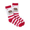Pair of California Republic crew socks. Red and white horizontal stripes, brown bear graphic, and 'California Republic' text.
