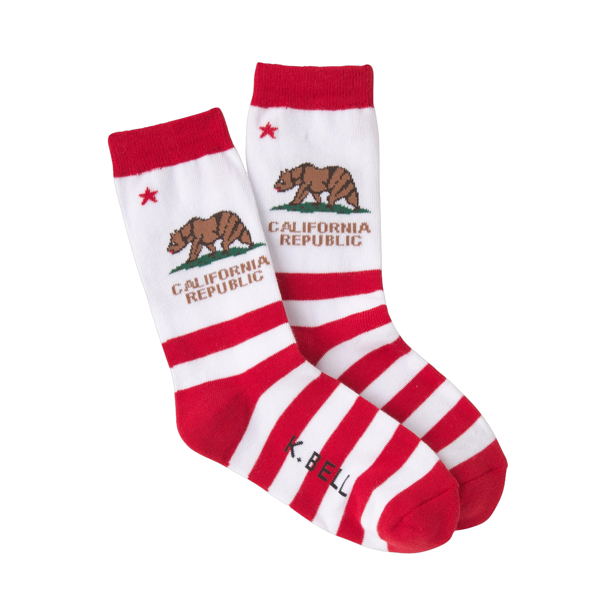 Pair of California Republic crew socks. Red and white horizontal stripes, brown bear graphic, and 'California Republic' text.