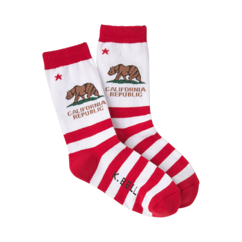 Pair of California Republic crew socks. Red and white horizontal stripes, brown bear graphic, and 'California Republic' text.