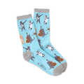 Crew socks in light blue featuring cats playing musical instruments (banjo, cello, violin).  Cats are grey, black, and tan. Fun and whimsical design.