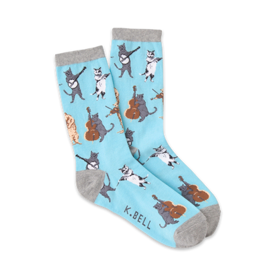 light blue crew socks with cartoon cats playing the tuba, violin, bass, and banjo.  