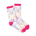 A pair of white crew socks adorned with colorful bicycle illustrations. Pink accents on the cuffs and toes add a playful touch.