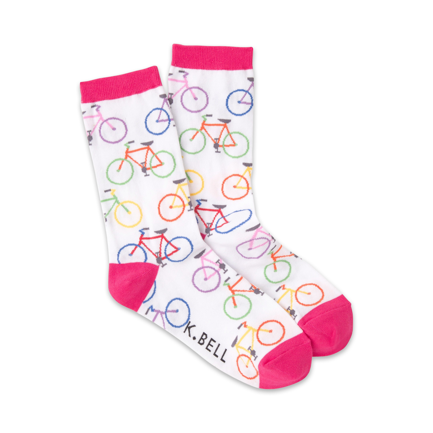 A pair of white crew socks adorned with colorful bicycle illustrations. Pink accents on the cuffs and toes add a playful touch.