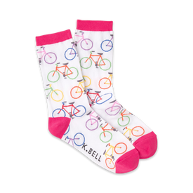 white women's crew socks decorated with a parade of bike images in pink, orange, green, blue, and yellow.  