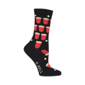 Black crew socks with a fun beer pong design featuring red solo cups and white ping pong balls.