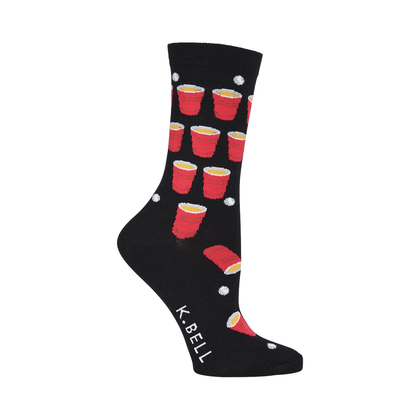 Black crew socks with a fun beer pong design featuring red solo cups and white ping pong balls.