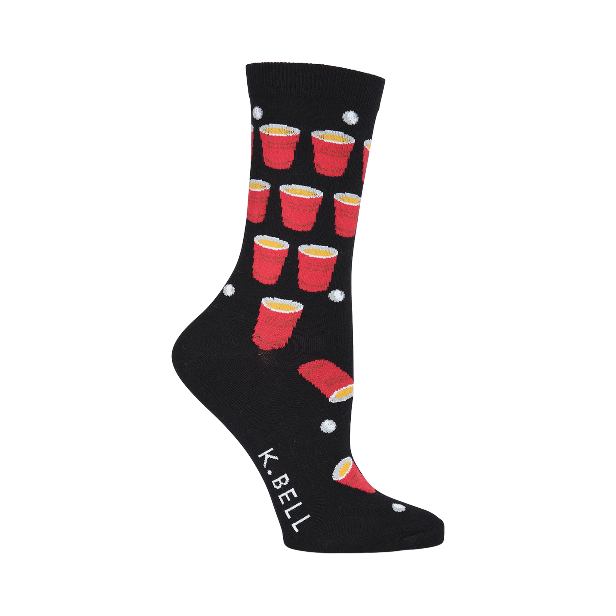 Black crew socks with a fun beer pong design featuring red solo cups and white ping pong balls.