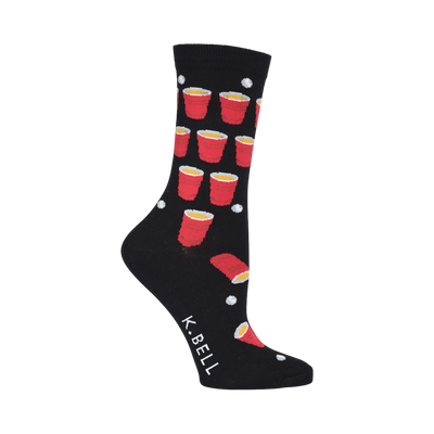 Black crew socks with a fun beer pong design featuring red solo cups and white ping pong balls.