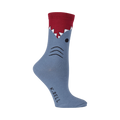 Close-up view of a single blue and red shark sock.