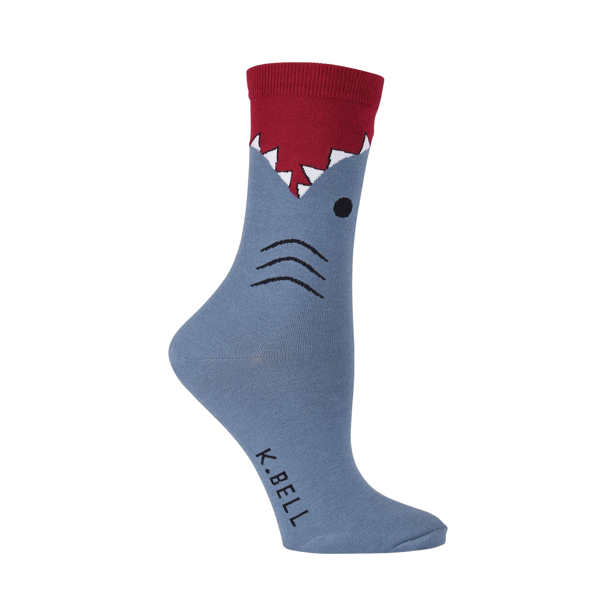 Close-up view of a single blue and red shark sock.