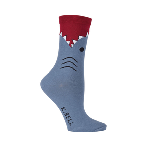 Close-up view of a single blue and red shark sock.