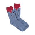Pair of blue crew socks with a cartoon shark face design. The shark's mouth is red with white teeth.