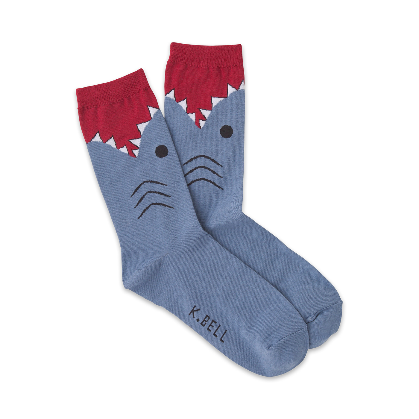 Pair of blue crew socks with a cartoon shark face design. The shark's mouth is red with white teeth.