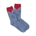 Pair of blue crew socks with a cartoon shark face design. The shark's mouth is red with white teeth.