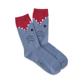 women's blue crew socks with red trim feature a shark with its mouth open showing teeth  