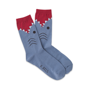women's blue crew socks with red trim feature a shark with its mouth open showing teeth  