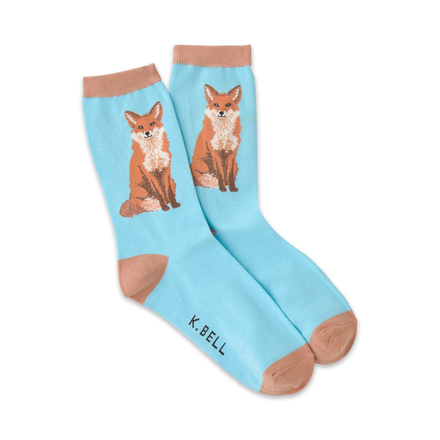 Pair of light blue crew socks with orange foxes sitting on each sock. The socks have a tan cuff.