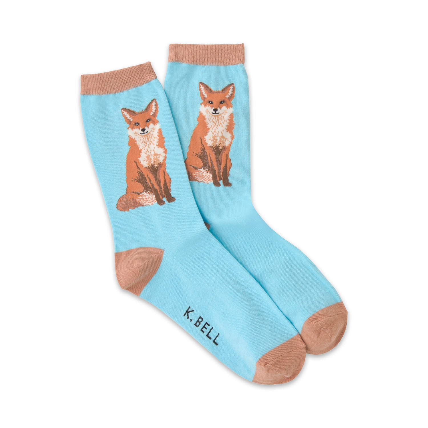 Pair of light blue crew socks with orange foxes sitting on each sock. The socks have a tan cuff.