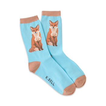 blue crew socks with a pattern of cartoon foxes in brown, orange, and white.   