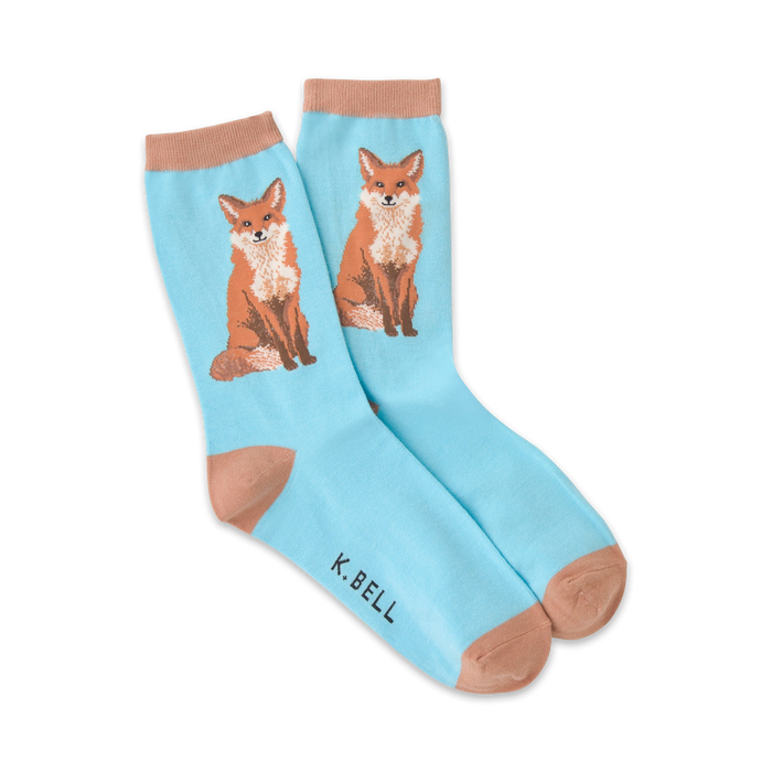 blue crew socks with a pattern of cartoon foxes in brown, orange, and white.    }}