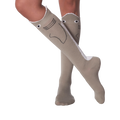 Lifestyle shot: Model's legs showing off the knee-high shark socks with legs crossed.