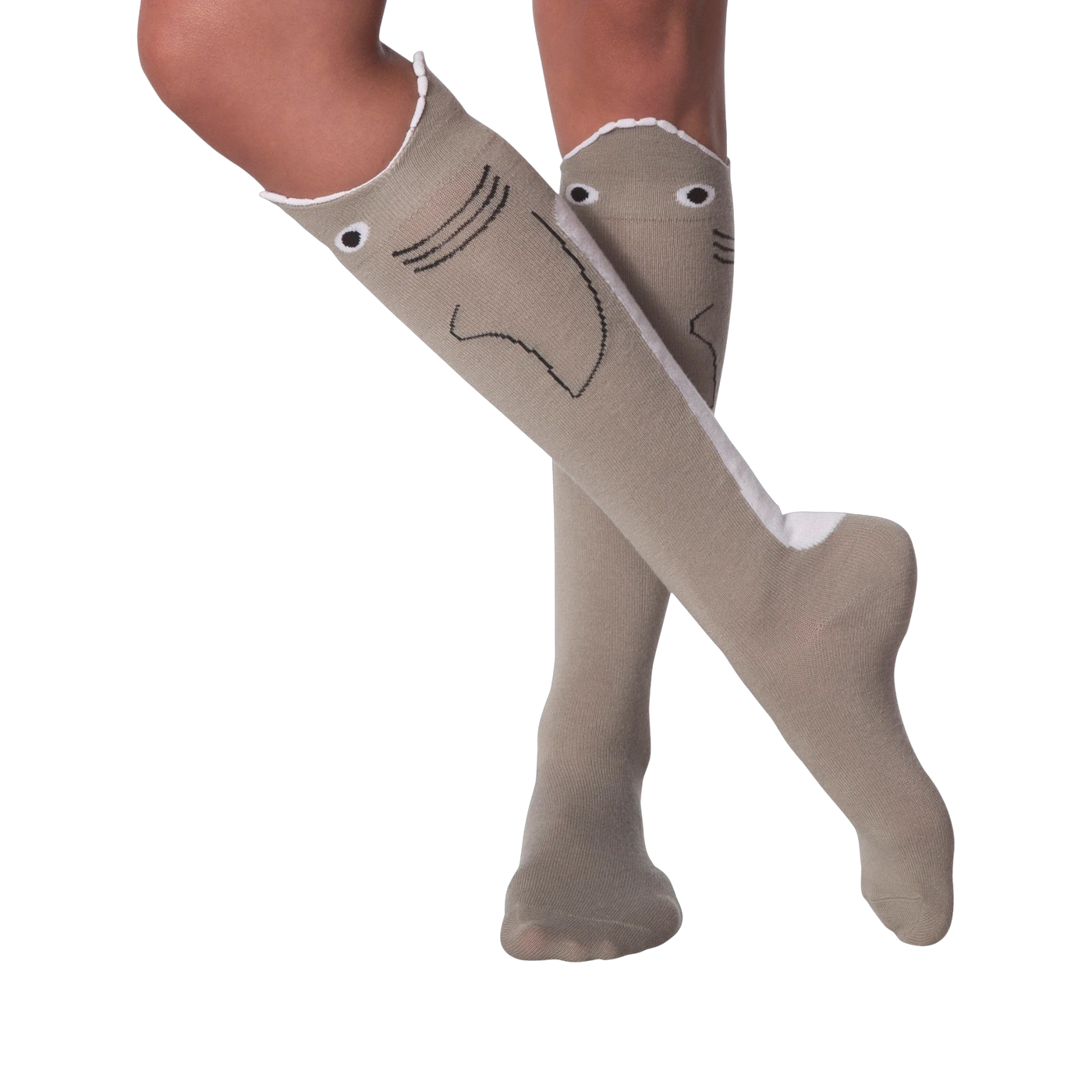 Lifestyle shot: Model's legs showing off the knee-high shark socks with legs crossed.
