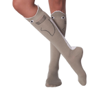Lifestyle shot: Model's legs showing off the knee-high shark socks with legs crossed.